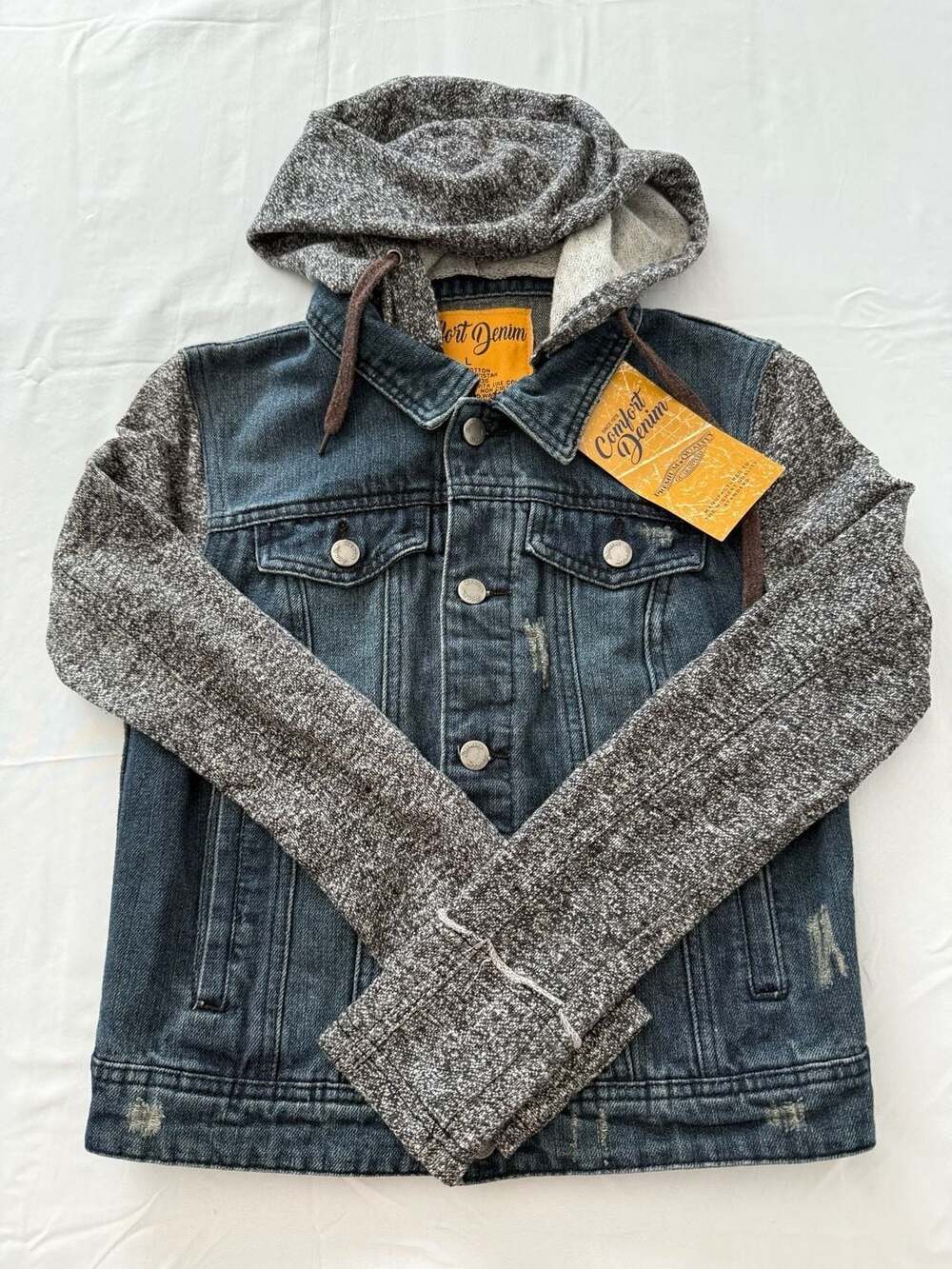 NWT Comfort Denim Distressed Hooded Denim Jacket 100% Cotton.